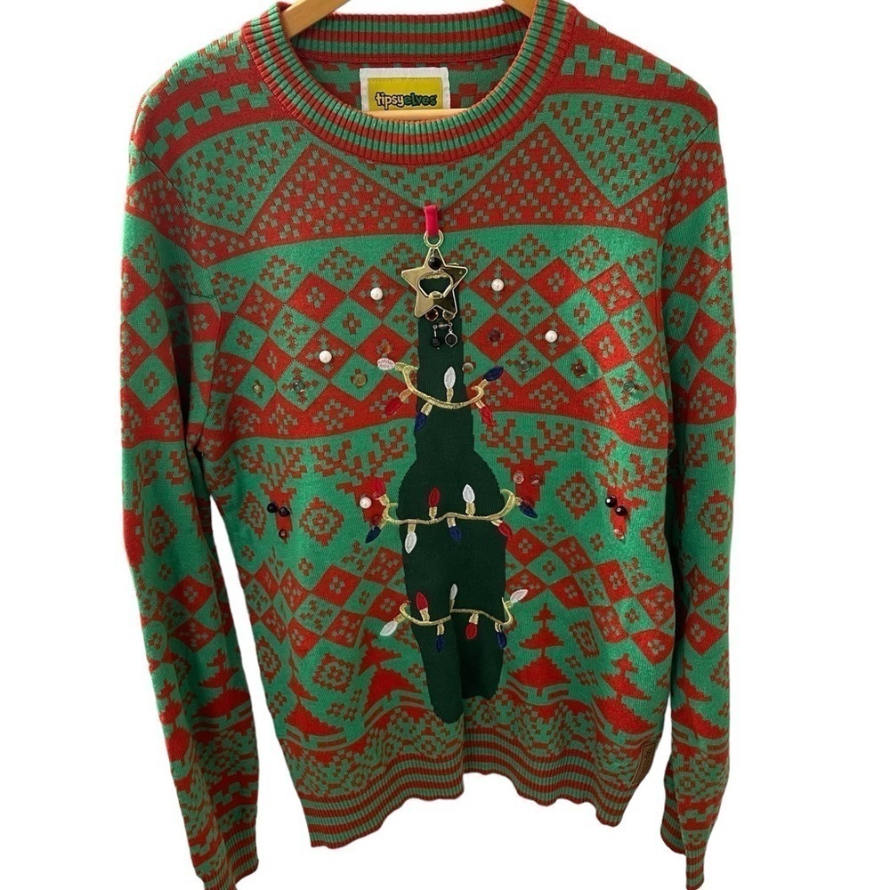 Tipsey Elves Ugly Christmas Sweater with Star and Beer Bottle lights Size large
